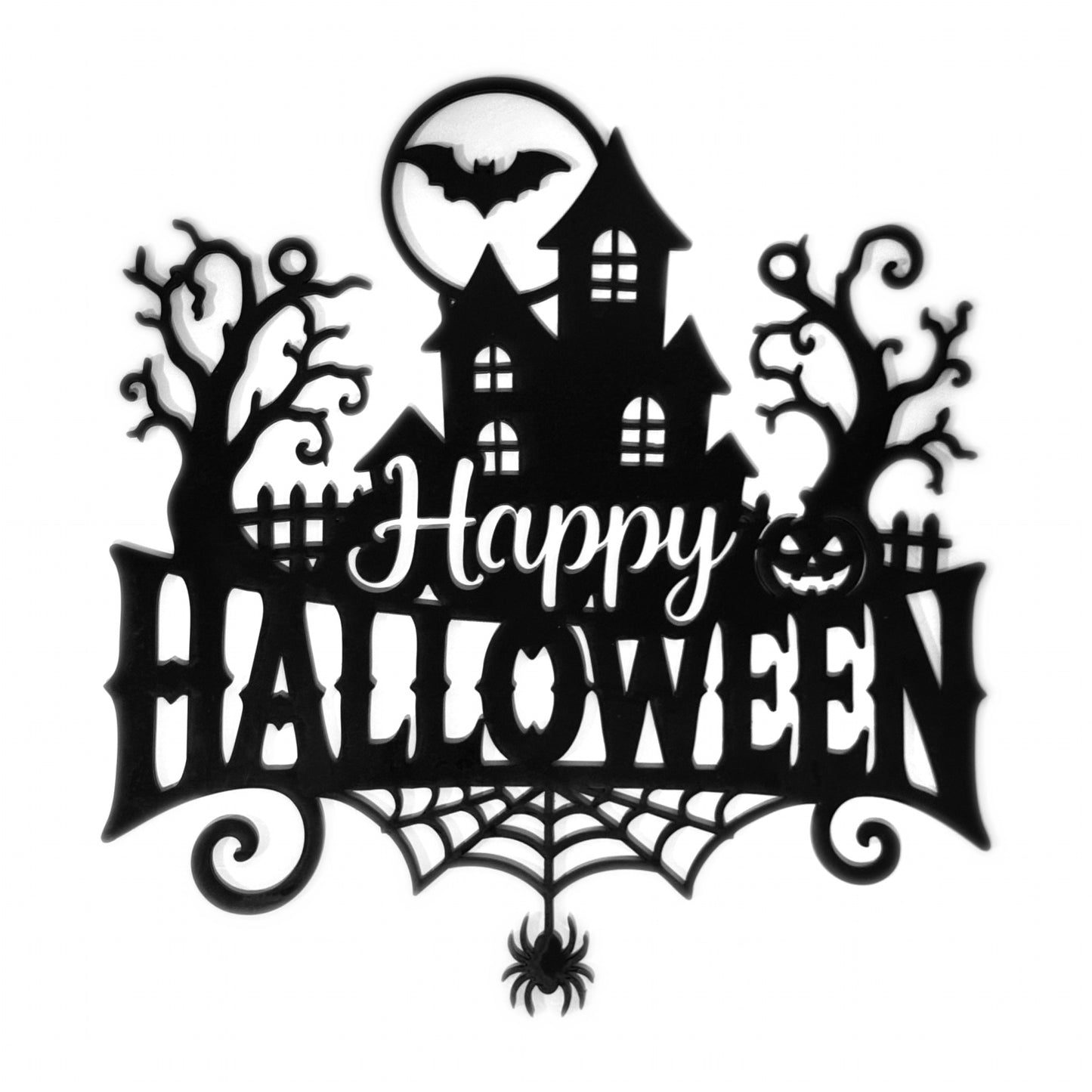 Happy Halloween laser-cut wood wall art in matte black — haunted house under a full moon with a bat, bare trees, jack-o'-lantern and a spider web, 10 inches wide