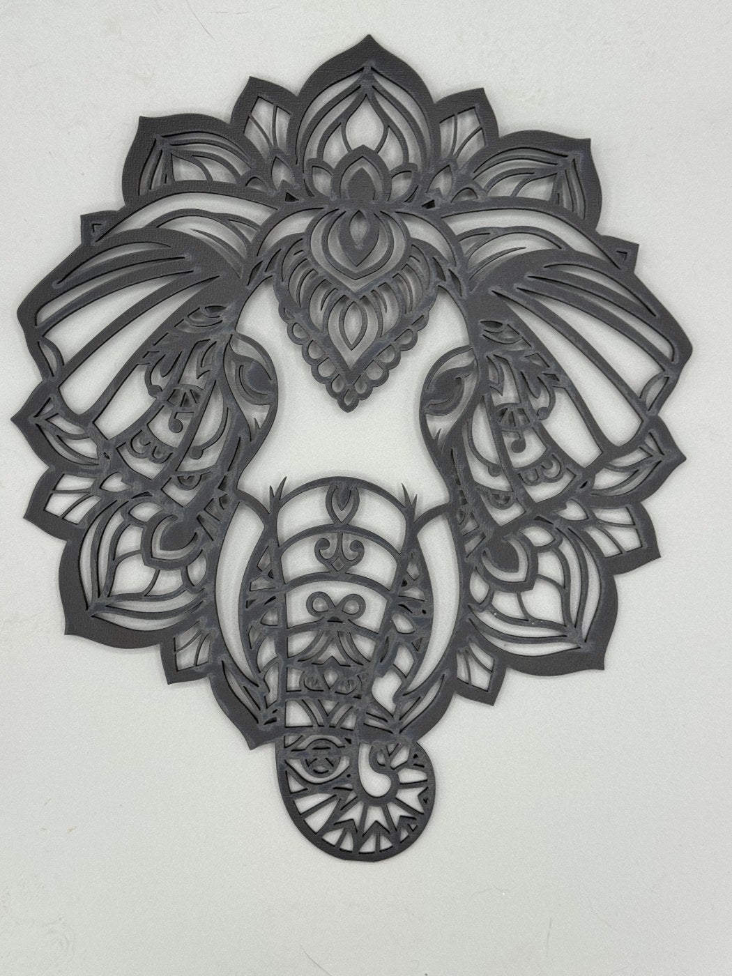 Ornate mandala laser-cut wood elephant head wall art by MacPack3D