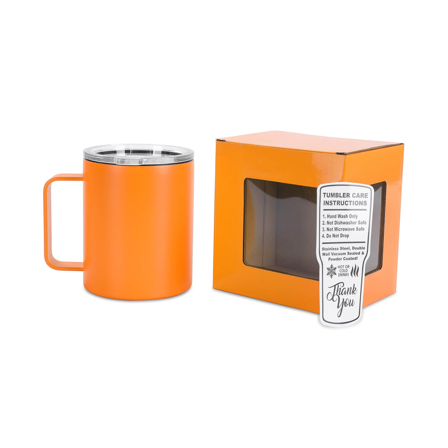 12 oz Coffee Mug Tumbler, Orange powder coated - engraves to silver
