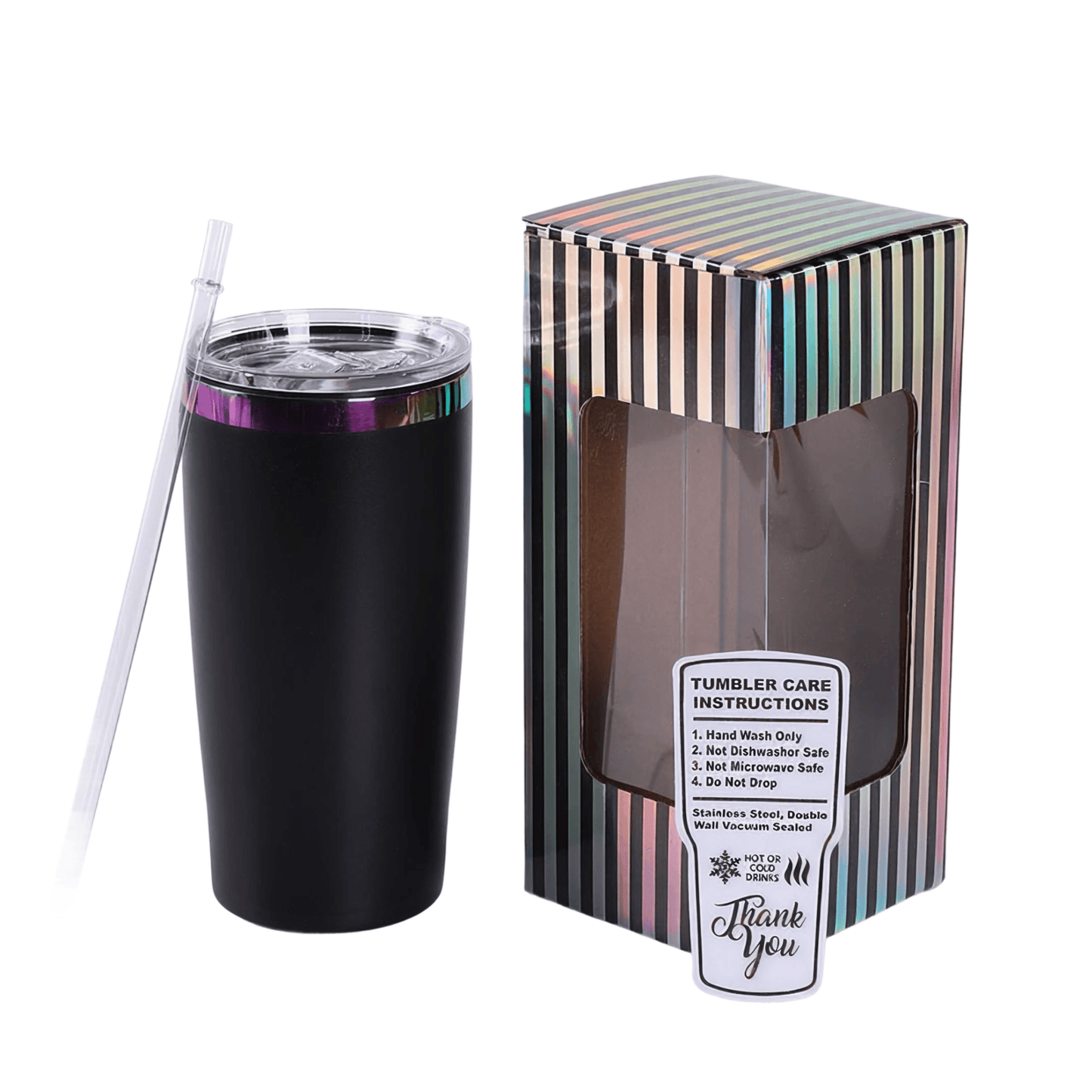 20 oz tumbler, black base with Electroplated Rainbow finish