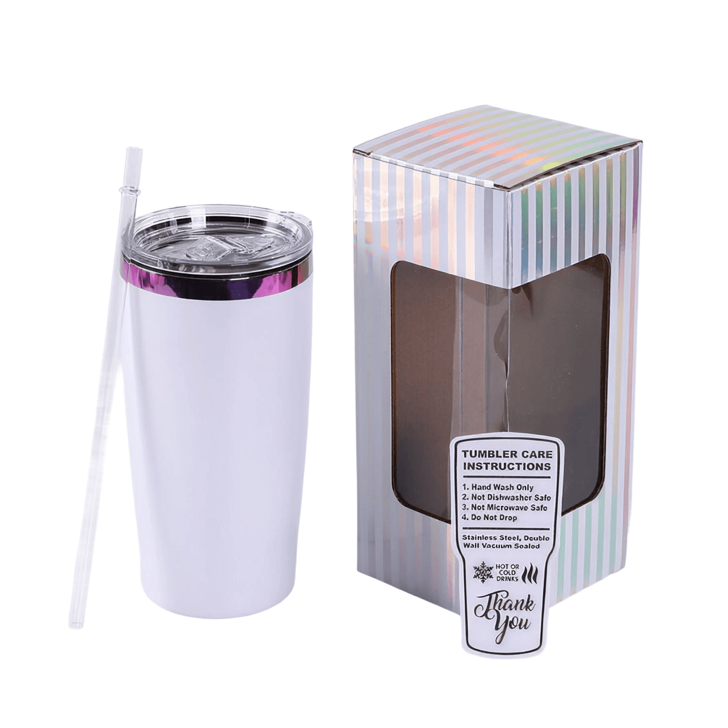 20 oz tumbler, white base with Electroplated Rainbow finish, shown with gift box