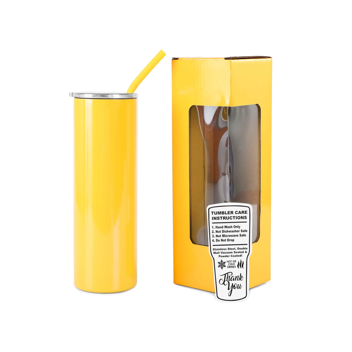 20 oz Skinny Tumbler, Yellow powder coated - engraves to silver