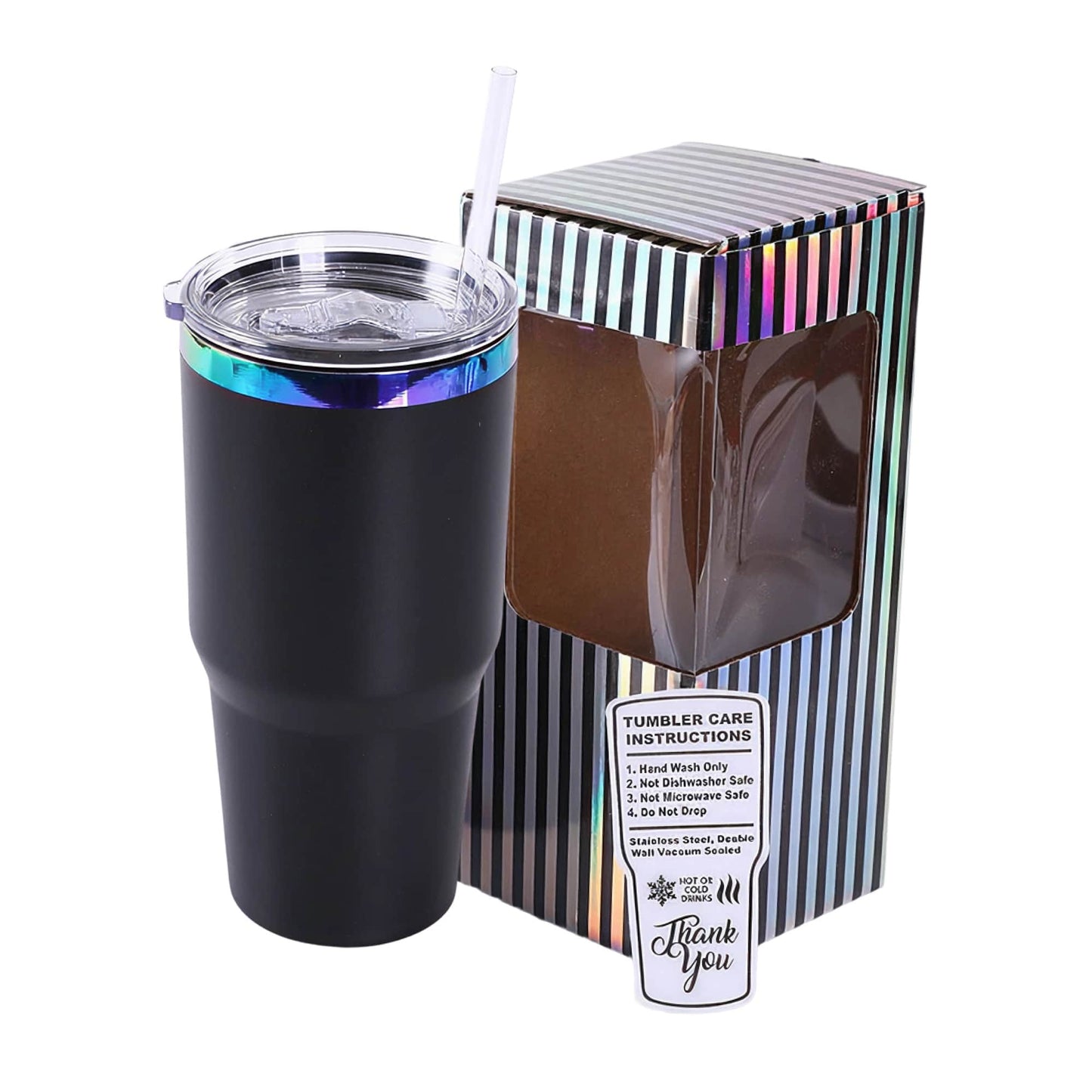 30 oz tumbler, black base with Electroplated Rainbow finish