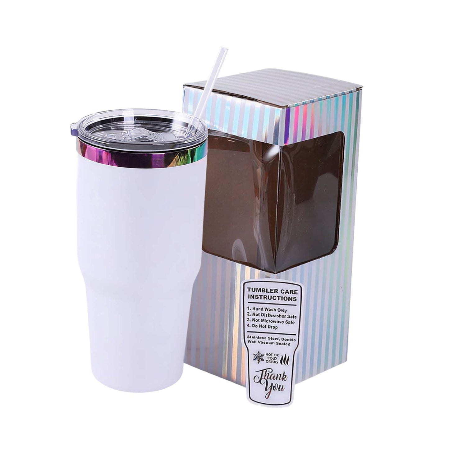 30 oz tumbler, white base with Electroplated Rainbow finish, shown with gift box