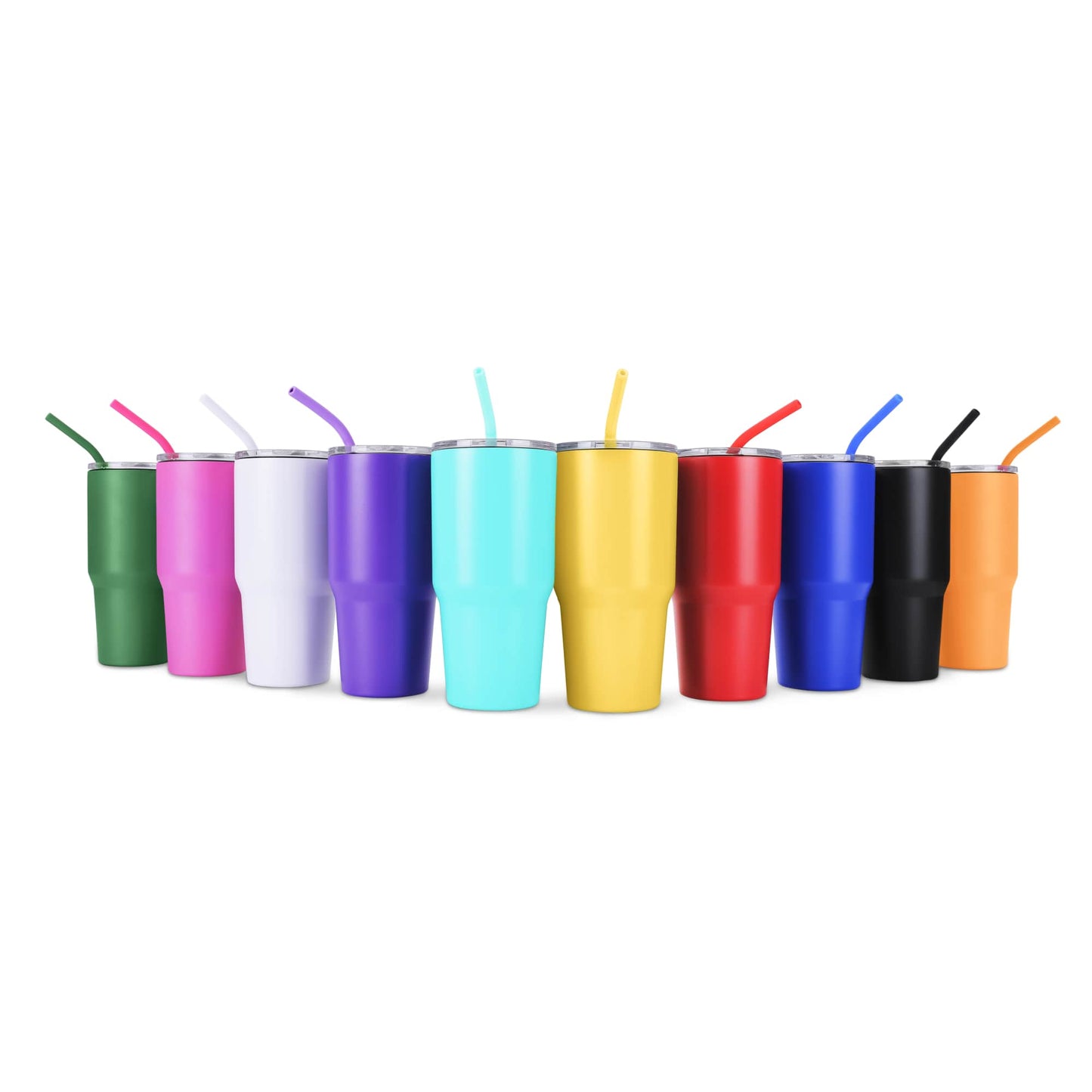Powder-coated tumbler color range - green, pink, white, purple, light blue, yellow, red, blue, black and orange, all engrave to bright silver