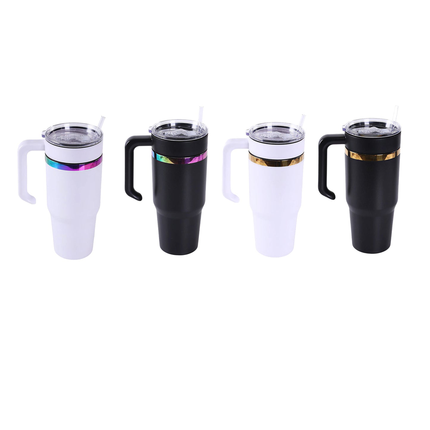 Four electroplated tumbler finishes side by side - white and black bases in Rainbow and Gold, shown with twist-on handles