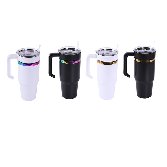 Four electroplated tumbler finishes side by side - white and black bases in Rainbow and Gold, shown with twist-on handles