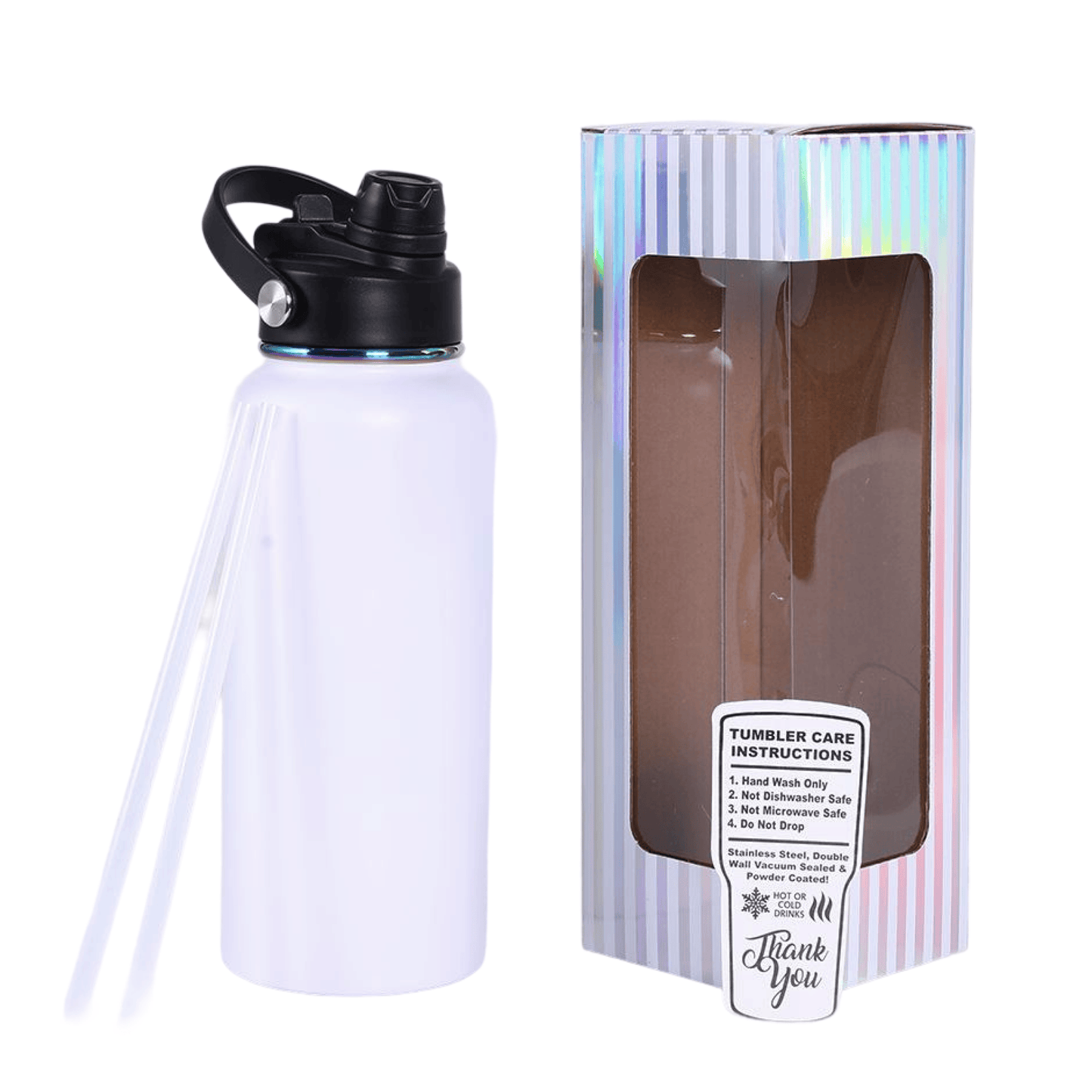 32 oz Hydro water bottle, white base with Electroplated Rainbow finish, shown with gift box