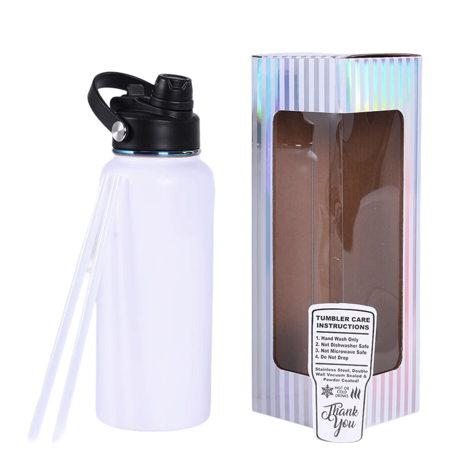 32 oz Hydro water bottle, white base with Electroplated Rainbow finish, shown with gift box