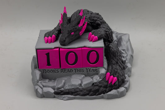 Dragon Reading Hoard Book Counter — Pink Hoard variant with hot pink accent dice, 3D printed by MacPack3D