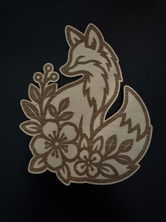 Laser-cut basswood fox surrounded by engraved florals, natural wood wall art by MacPack3D