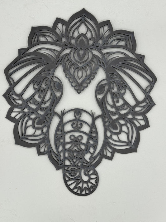 Ornate mandala laser-cut wood elephant head wall art by MacPack3D